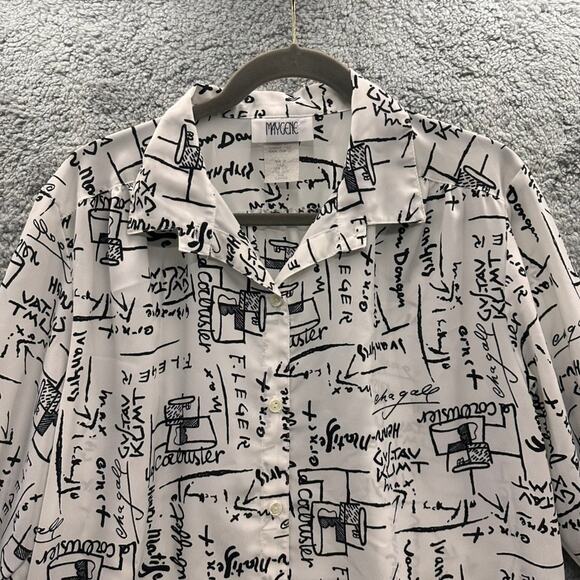 Vintage Maygene Women's Large Blouse Scribbled Note‎ Design Roll Up Cuffs - Picture 2 of 10